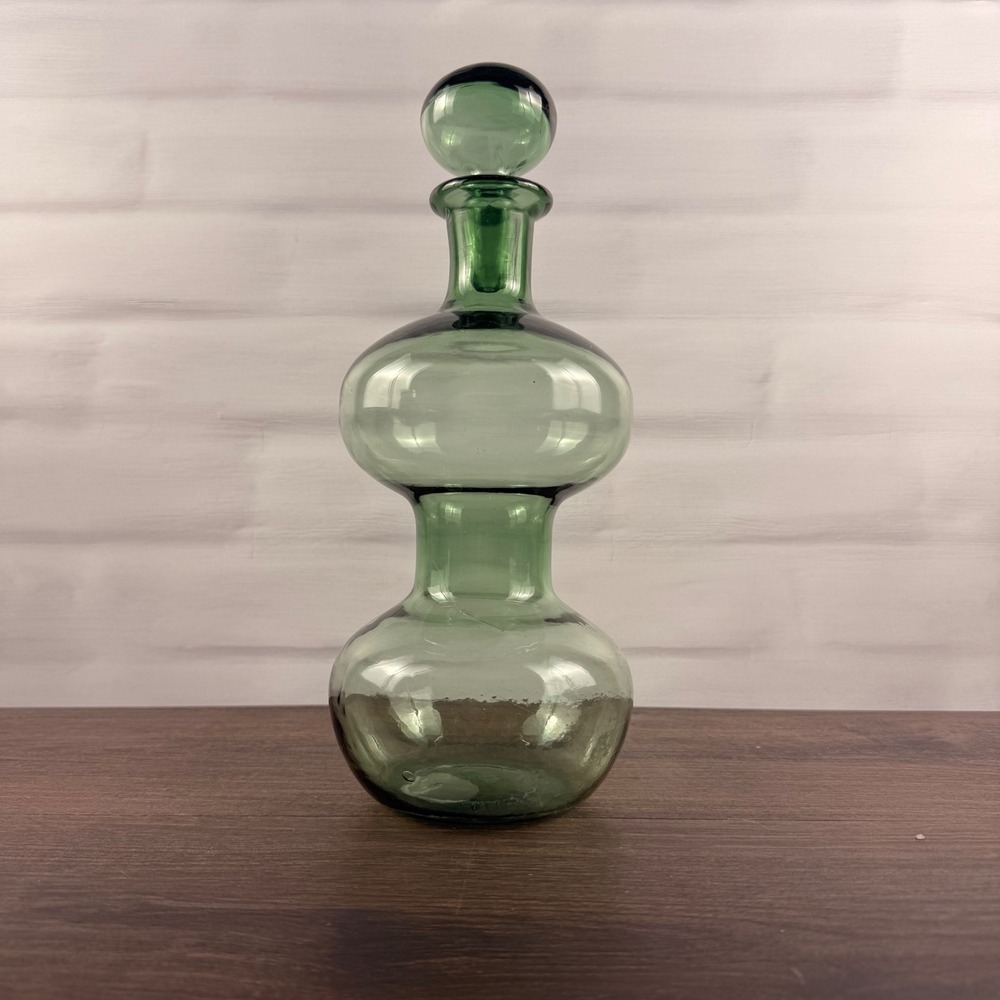 Vintage Green Glass Double Gourd Decanter with Stopper Mid Century Modern